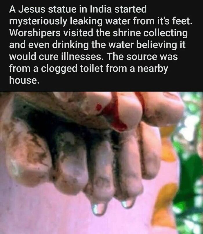 Weird fact: Water dripping from a Jesus statue's feet in India, later found to originate from a clogged toilet.