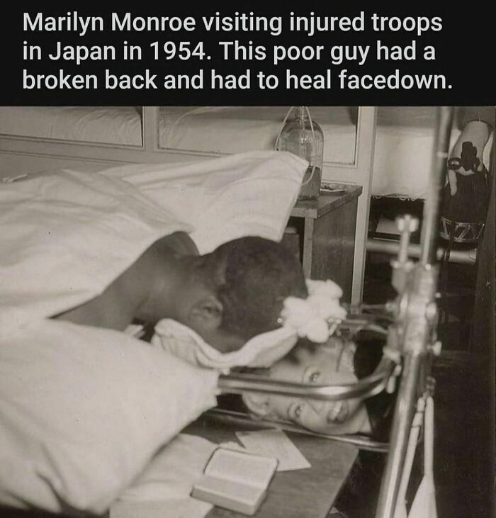 Black and white photo of an injured troop healing facedown in bed, from a creepy weird facts Instagram account.
