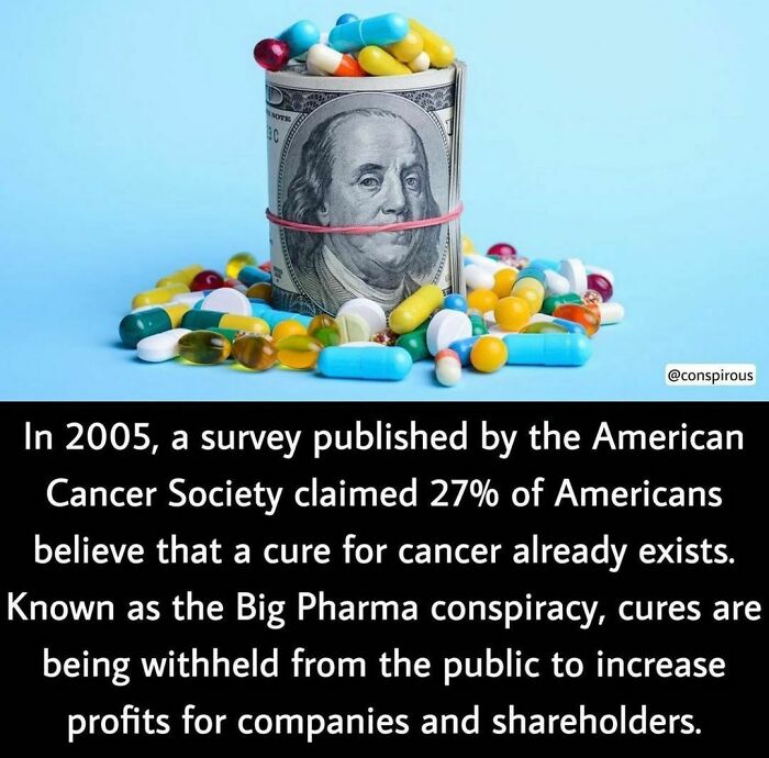 Rolled dollar bill surrounded by pills illustrating a weird fact about Big Pharma conspiracy claims.