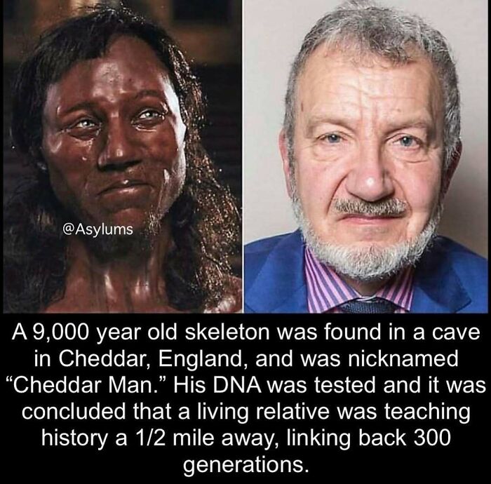 Side-by-side images showing a 9,000-year-old Cheddar Man skeleton reconstruction and his modern-day relative, linking creepy facts.