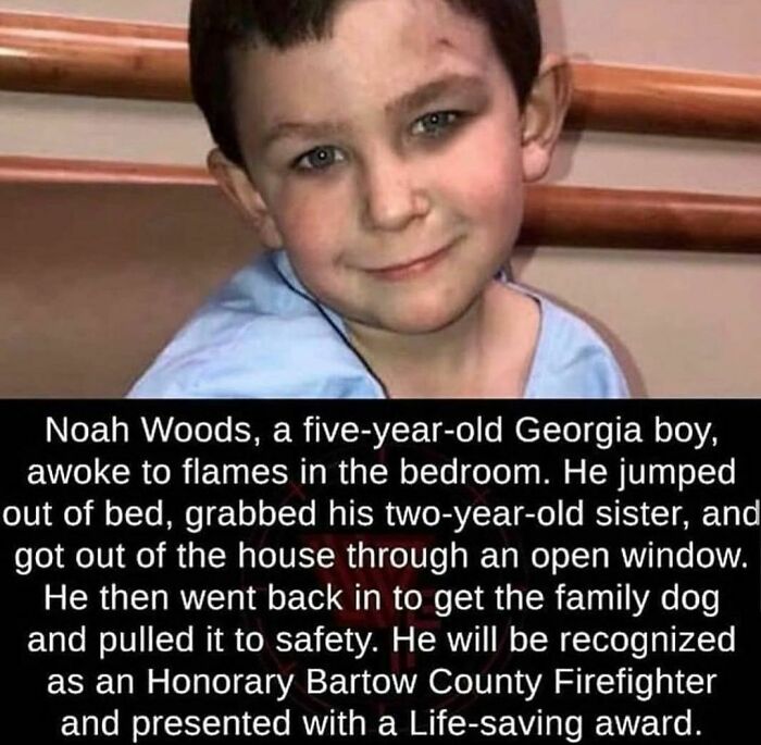 A young boy heroically escapes flames to save his family and dog, showcasing a creepy and weird fact shared on Instagram.