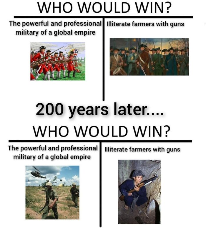 History memes comparing empires' military to armed farmers over 200 years.