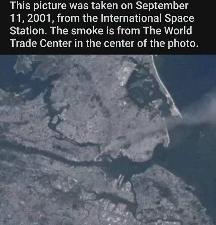 Aerial photo showing smoke from the World Trade Center on 9/11, shared by Instagram account with weird and creepy facts.