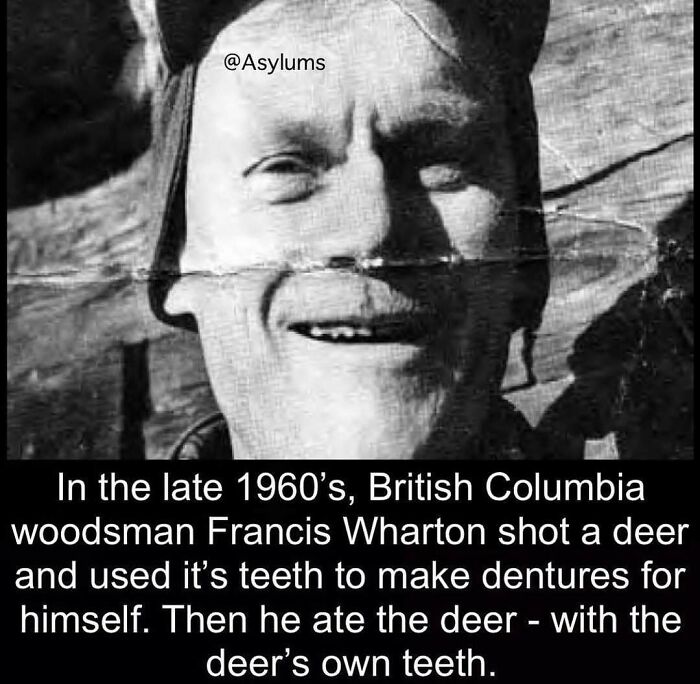 Man smiling with caption about British Columbia woodsman using a deer’s teeth for dentures, shared on a weird facts Instagram account.