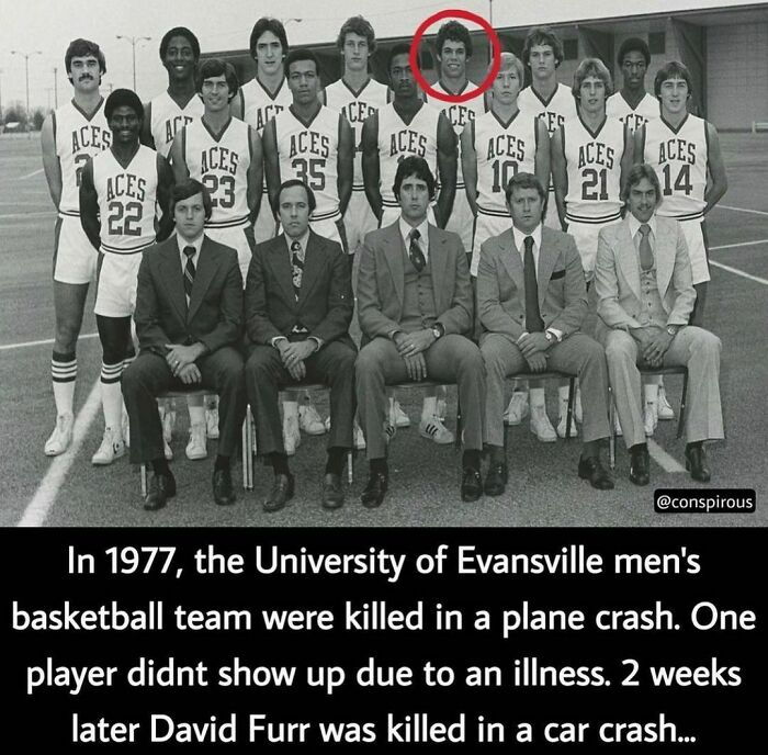 Vintage photo of 1977 Evansville basketball team; underlined with a creepy fact about a tragic accident.