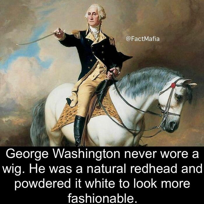 Painting of George Washington on a horse with a caption sharing a creepy weird fact about his natural red hair.