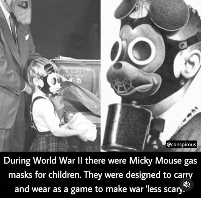 Child wearing a vintage Mickey Mouse gas mask from World War II, a creepy weird fact shared on Instagram.