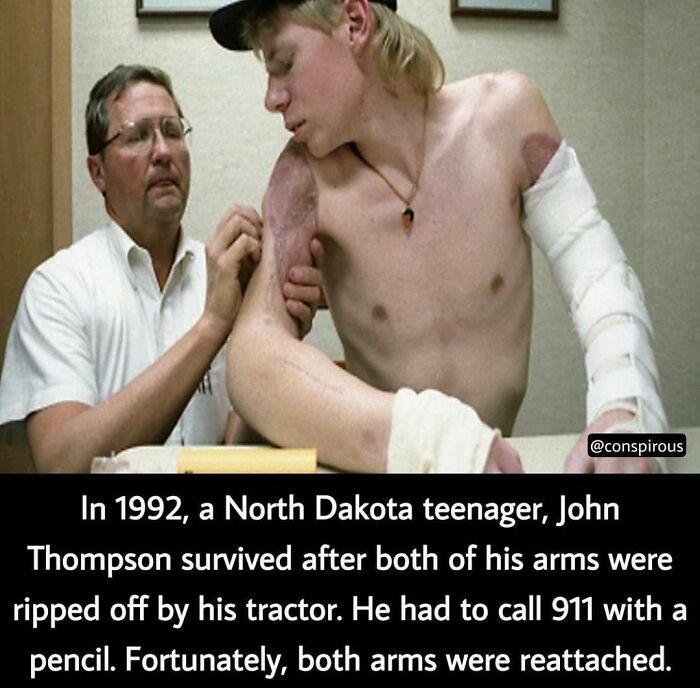Teenage boy with bandaged arms sitting beside a doctor, illustrating a creepy survival fact.