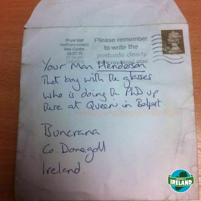 Funny Meanwhile in Ireland meme featuring a handwritten envelope addressed creatively without a complete address.