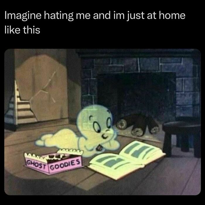Cute ghost reading with a box of ghost goodies, adding a twist of horror to a funny meme.