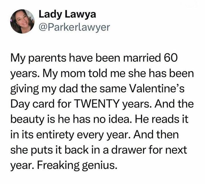 Screenshot of a hilarious tweet about a woman giving her husband the same Valentine's card for 20 years.