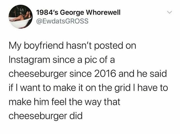 Text from a random tweet about an Instagram post with a cheeseburger in 2016, seeking relatable humor.
