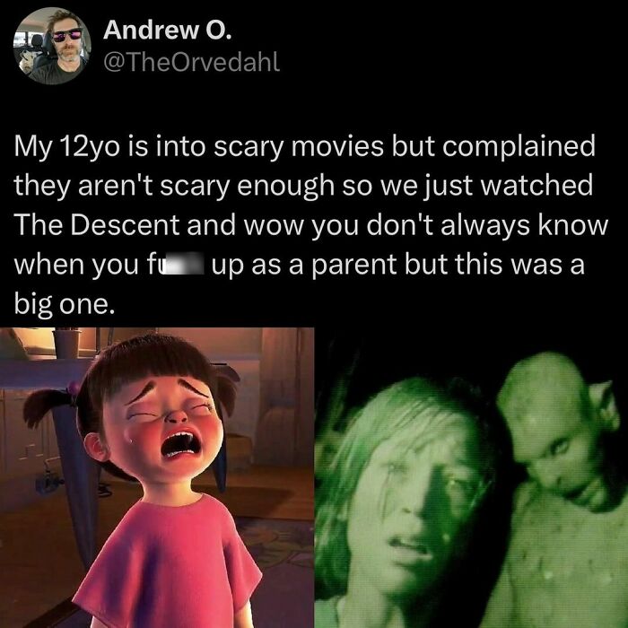 Child from animated movie crying alongside a horror scene, illustrating funny memes with horror twist.