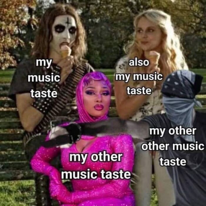 Relatable memes showing diverse music tastes, featuring various people with text highlighting each preference.