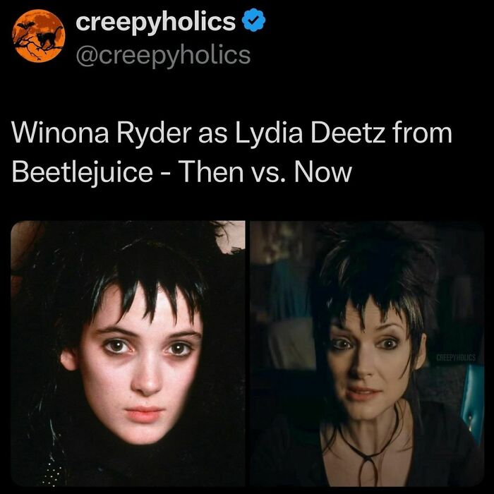 "Comparison of Lydia Deetz from Beetlejuice, showcasing funny horror meme style seen on Instagram page."