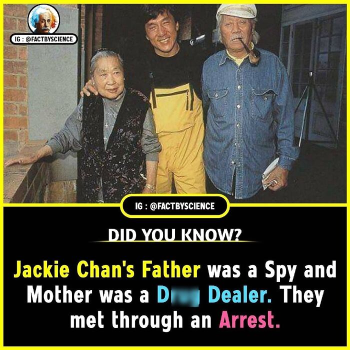 Three people posing together, with text about Jackie Chan's parents' past careers and their meeting through an arrest.