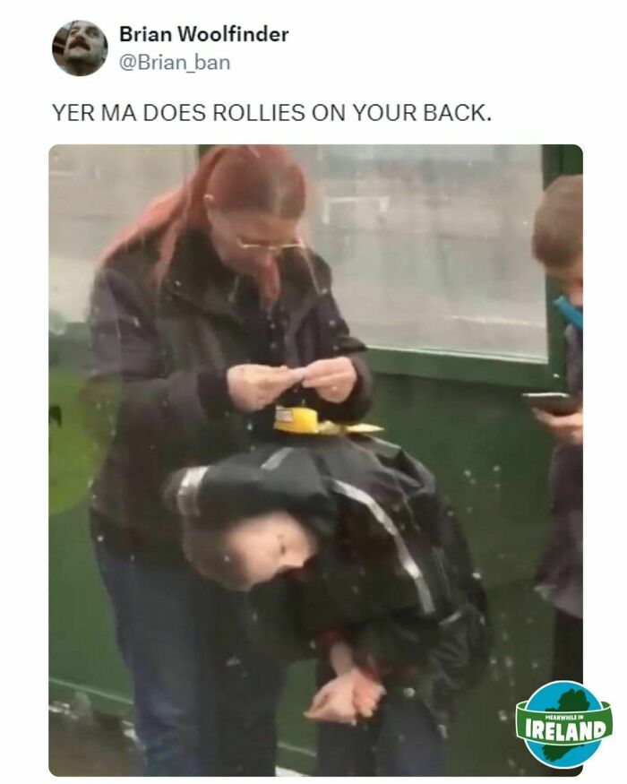 Funny meme of a person rolling a cigarette on another's back in Ireland.