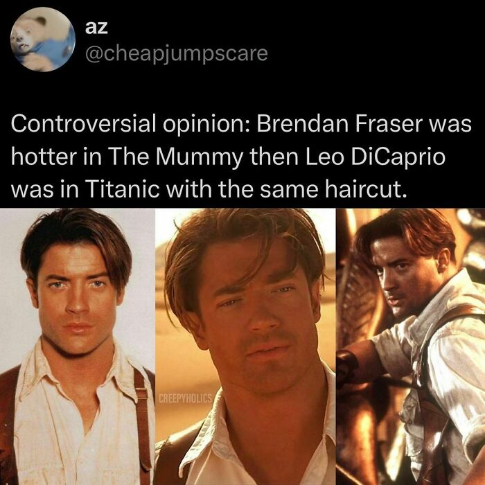 Funny meme comparing Brendan Fraser in The Mummy and Leonardo DiCaprio in Titanic with similar hairstyles.
