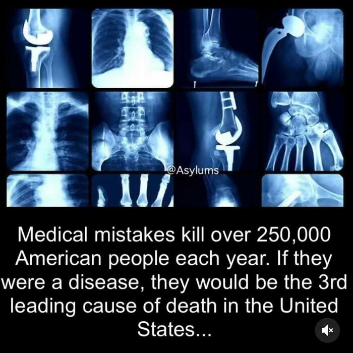 X-ray images of various body parts with text about medical mistakes causing high deaths, from an Instagram account sharing creepy weird facts.