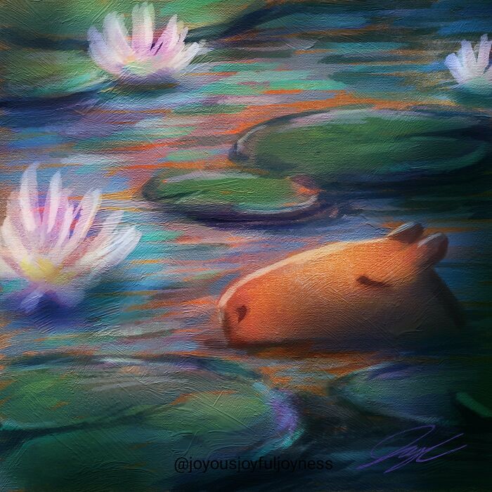 Relaxed capybara painting in a tranquil pond with water lilies.