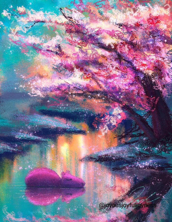 Relaxed capybara painting under a blooming tree with vibrant, soothing colors.