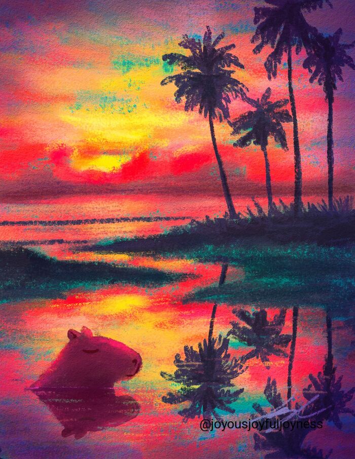 Relaxed capybara in colorful sunset painting with palm trees reflecting in water.