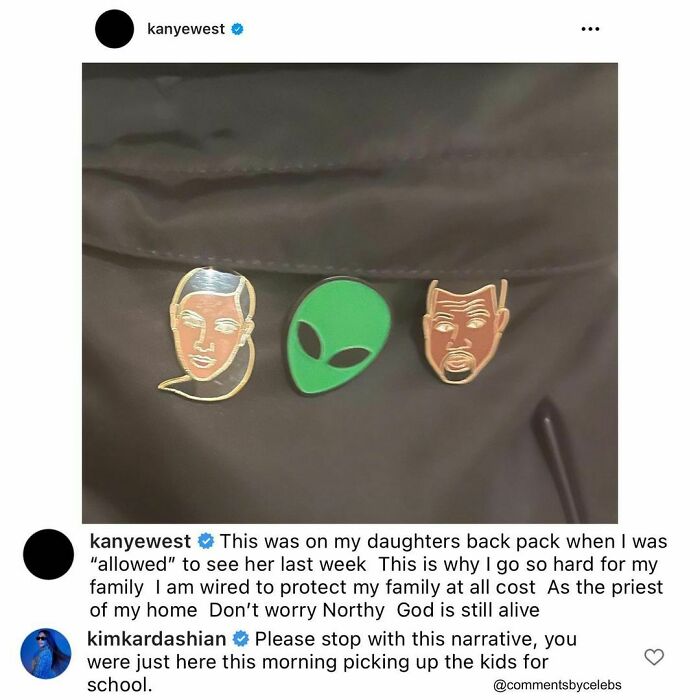 Pins with faces and an alien on a backpack, with funny comments by celebs underneath.