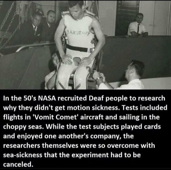 Black and white photo of 1950s NASA experiment testing why deaf people don't get motion sickness with aircraft and sea tests.