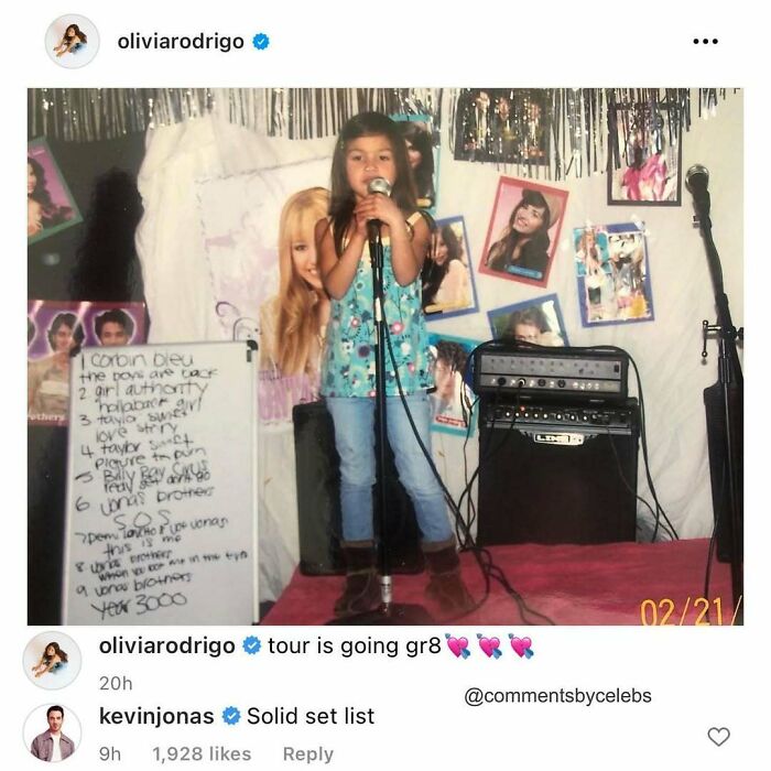 Child singing on stage with funny celeb comments by Olivia Rodrigo and Kevin Jonas below.
