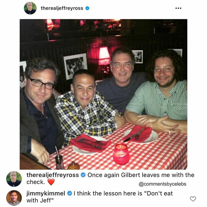 Celebrities dining at a restaurant with funny comments exchanged in the captions.