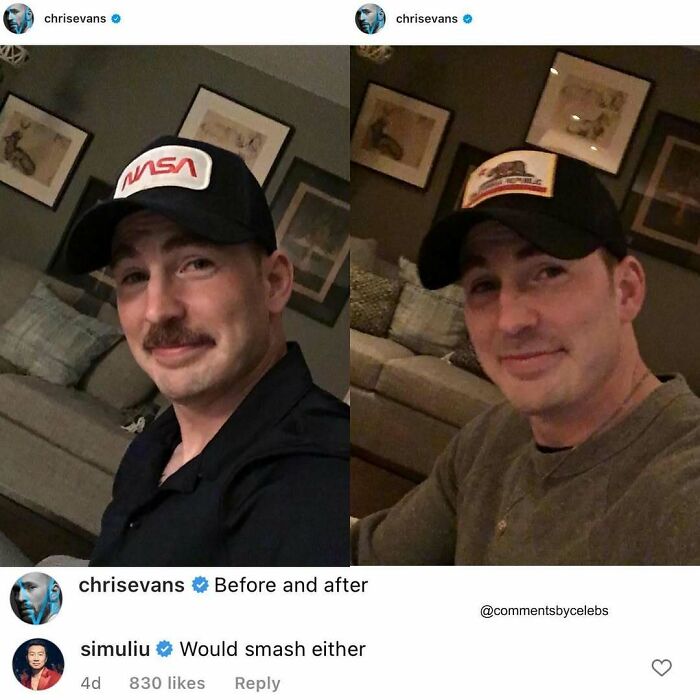 Celeb in two selfies, one with a mustache. Funny comment below about both looks.