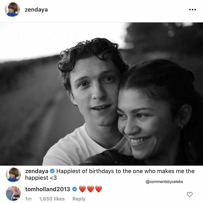 Celebs sharing a happy moment; a heartfelt birthday comment by Zendaya to Tom, with affectionate emojis.