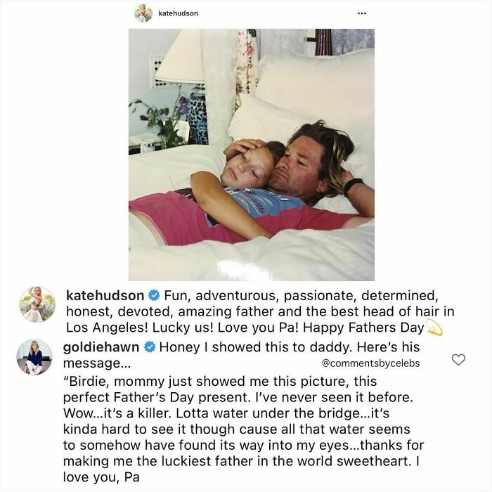 Celebrities sharing funny comments on Father's Day photo, featuring a sweet family moment in bed with heartfelt messages.