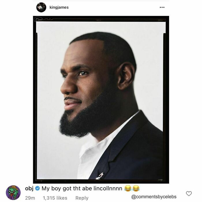 Profile of a man with a beard, with funny celeb comment about looking like Abe Lincoln.