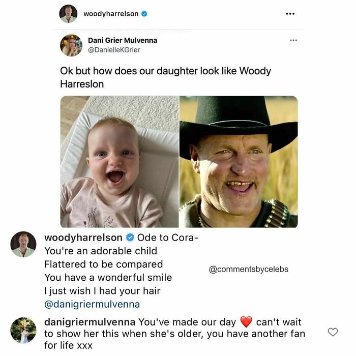 Baby's photo next to Woody Harrelson with a humorous comment exchange by celebs.