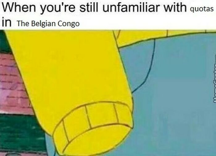 Meme about Belgian Congo quotas featuring a cartoon character's clenched fist.