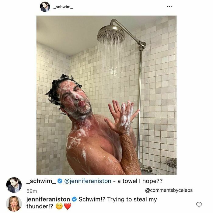 Man showering with funny celeb comments below, featuring witty banter.
