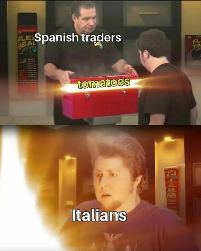 Spanish traders offering tomatoes, Italians reacting with surprise; historical meme humor.