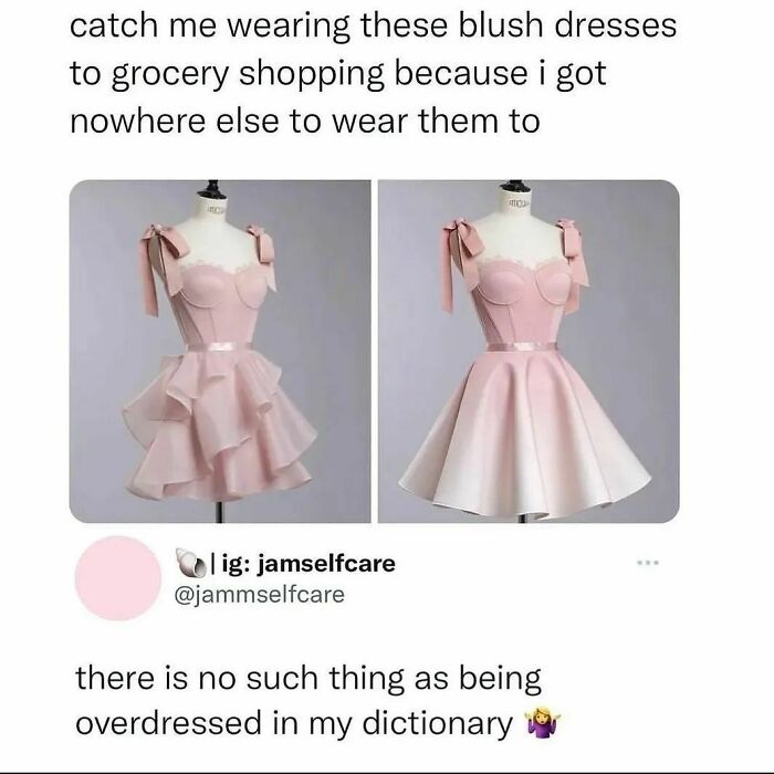 Two blush pink dresses on mannequins; relatable memes about wearing them grocery shopping; social media post humor.