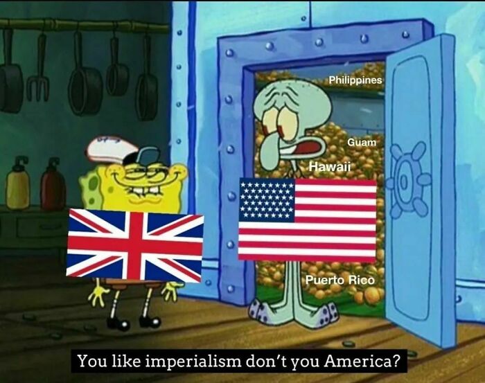 SpongeBob meme with British and American flags, referencing history and imperialism through animated characters.