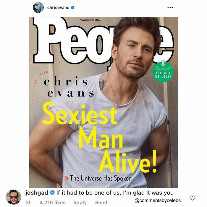 Celeb featured with funny comment about "Sexiest Man Alive" cover.