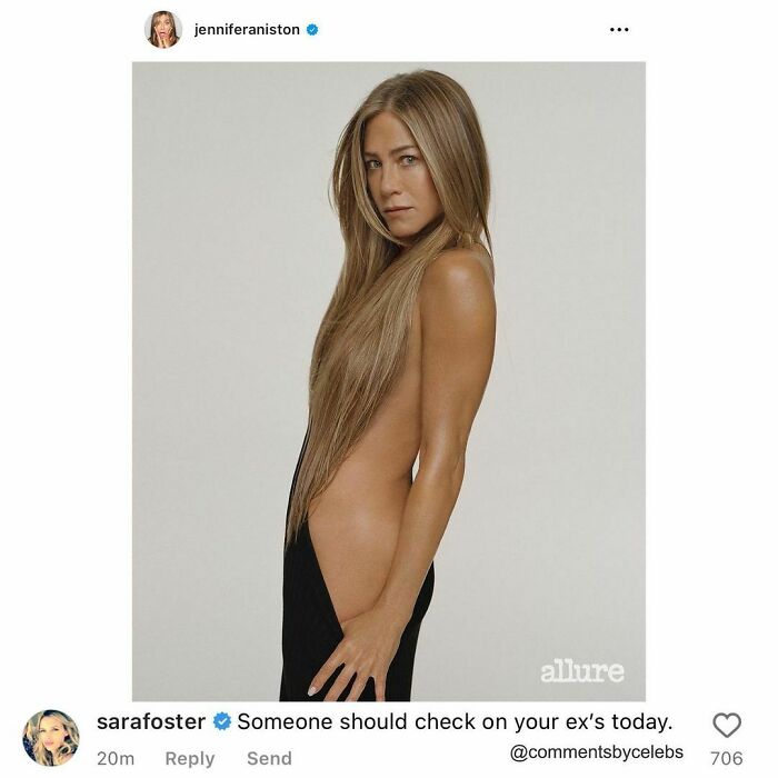Celebrity posing with funny comment about checking on an ex, showcasing humor in celebrity culture.