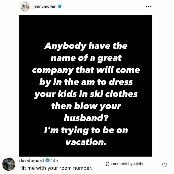 Celeb humor with a funny comment exchange between Jenny Mollen and Dax Shepard on Instagram.
