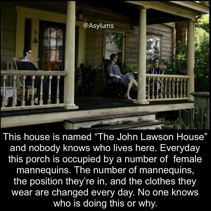 Creepy house porch with changing female mannequins, illustrating weird facts shared on an Instagram account about creepy mysteries.