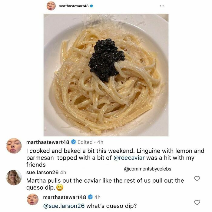 Linguine with caviar shared on Instagram, featuring funny comments by celebs about queso dip confusion.