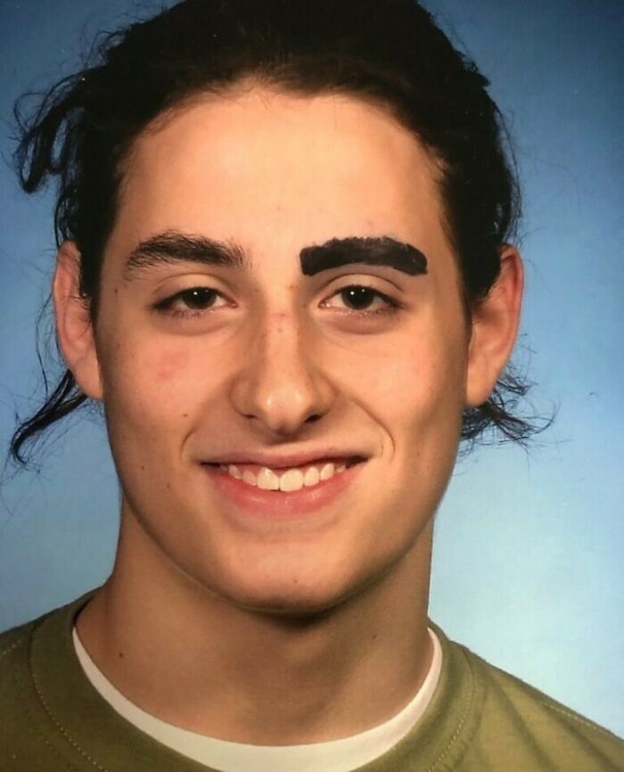 “My Son’s Senior Picture, Before Which, He Inexplicably Shaved Off One Eyebrow. Apparently, The Photographer Insisted He Draw It Back On For The Photo.”⁠