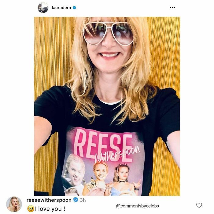Celebrity wearing a Reese Witherspoon t-shirt, with funny comment saying "I love you" by Reese Witherspoon below.