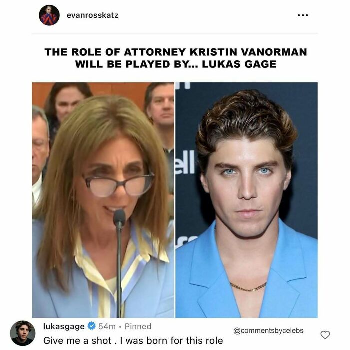 Side-by-side images with a funny celeb comment on Lukas Gage's potential role as an attorney.