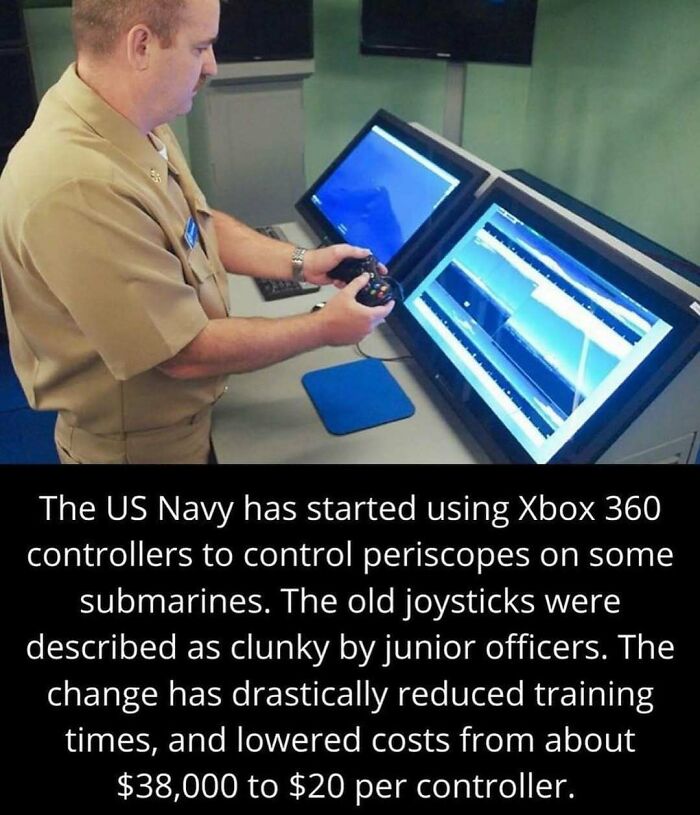 Man in uniform using Xbox 360 controller to operate submarine periscopes, illustrating weird facts shared on Instagram.