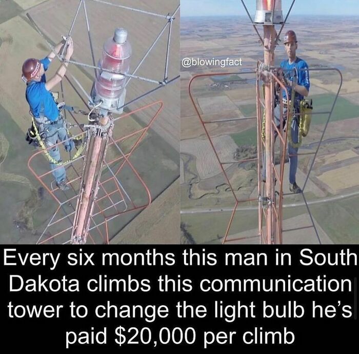 Man climbing a communication tower in South Dakota, featured in an Instagram account sharing creepy weird facts.